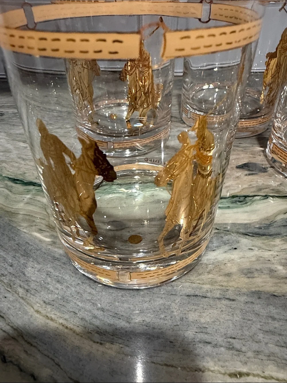 Set of Five Equestrian Polo on The Rocks Glasses Barware Culver 22 Karat Gold